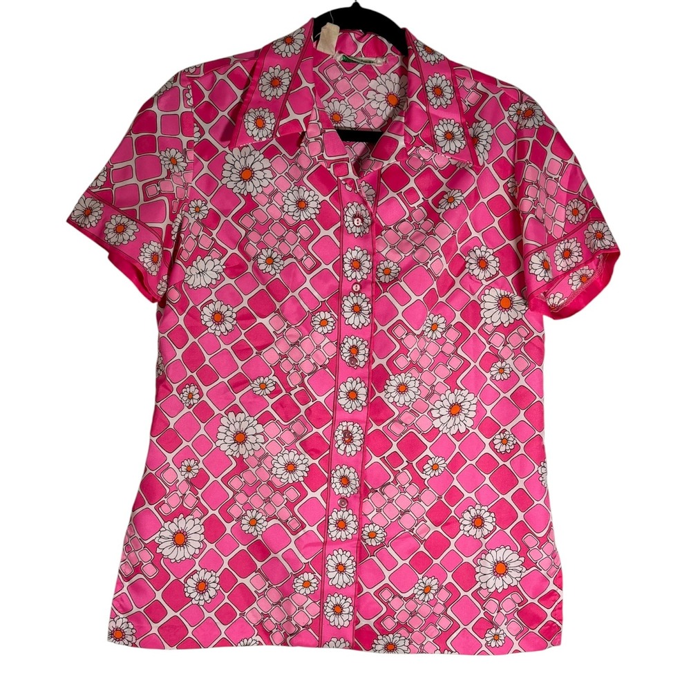 Vintage Alex Colman 60's/70's Women Short Sleeve Button Shirt Floral Pink Medium